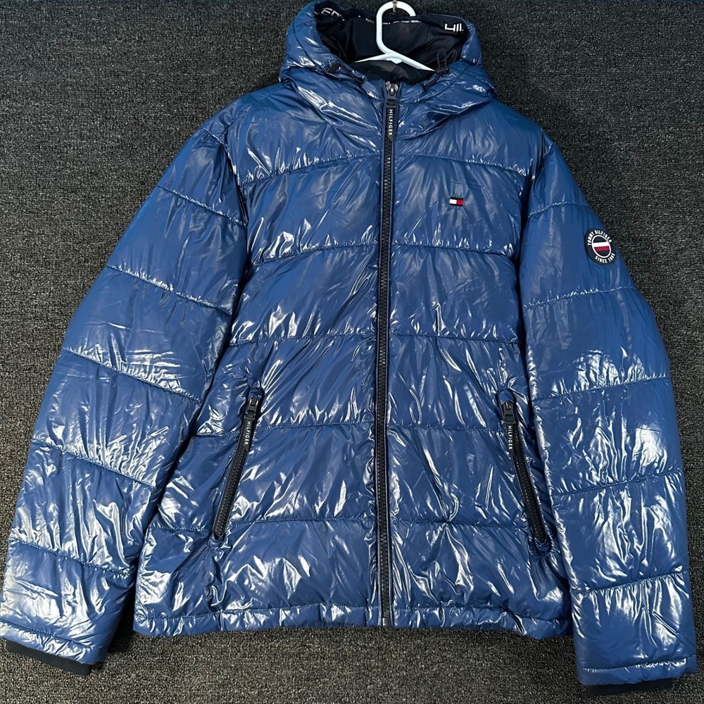 Tommy Hilfiger Puffer Jacket Mens Large Blue Good Glossy Hooded Quilted Full Zip
